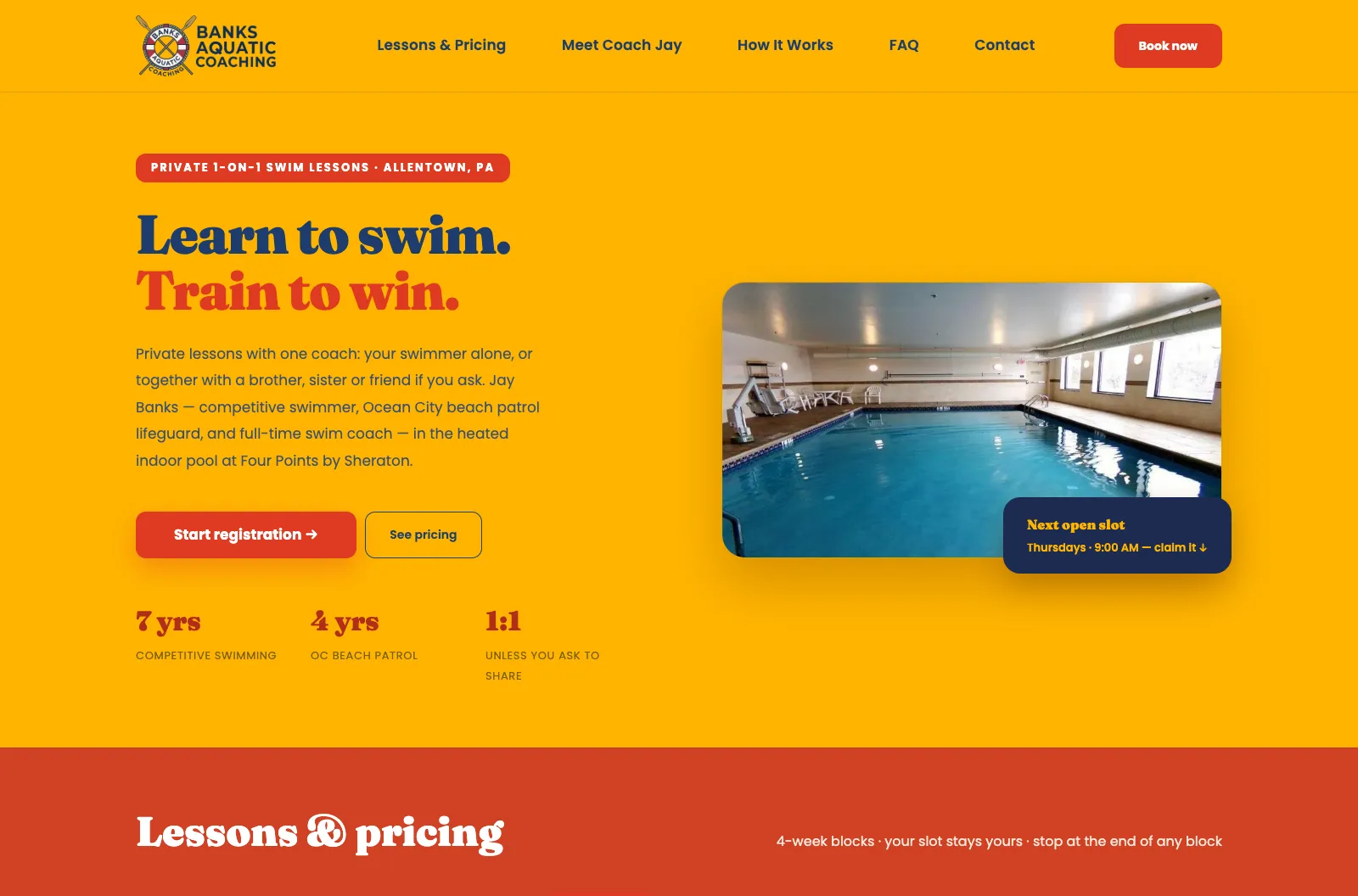 The Banks Aquatic Coaching homepage: private swim lessons in Allentown, with a Start registration button
