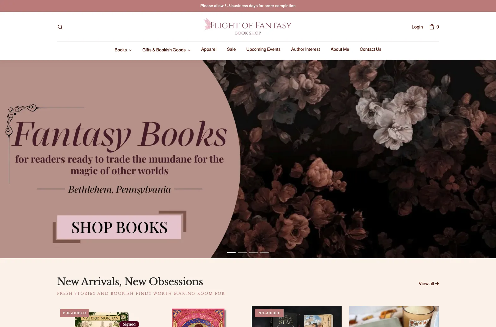 The new Flight of Fantasy Book Shop homepage: menu, Fantasy Books banner and New Arrivals