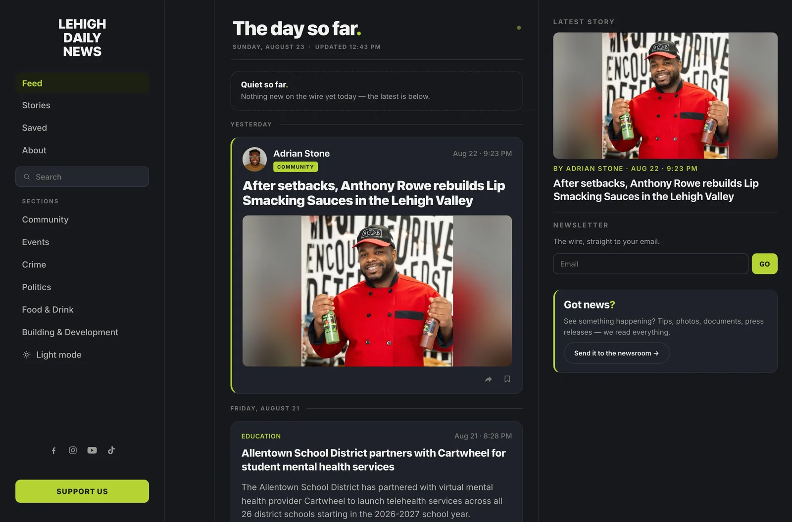 The Lehigh Daily homepage: a custom dark-mode news feed built and run by Jai Smith
